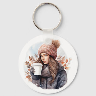 Chaveiro Moda de água, moça de inverno com café