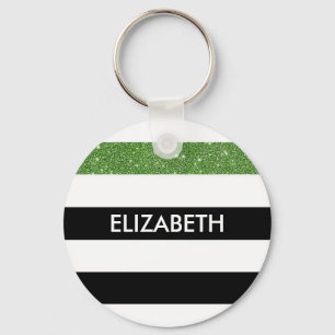 Chaveiro Modern Black Stripes FAUX Green Glitz and Name