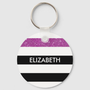 Chaveiro Modern Black Stripes FAUX Purple Glitz and Name