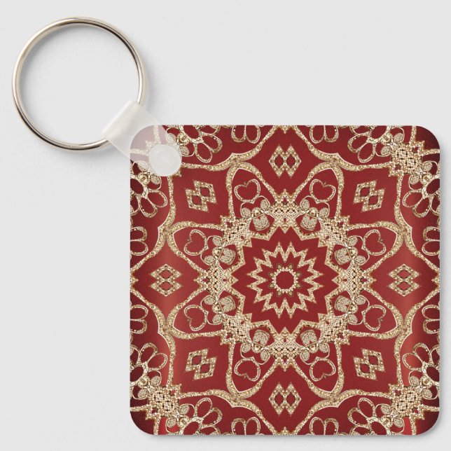 Chaveiro Modern Gold Red Floral Keychain (Frente)