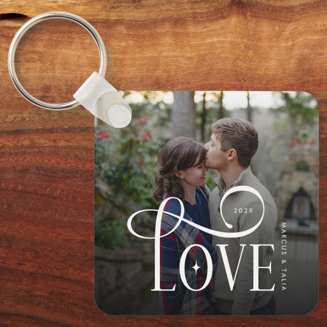 Chaveiro Modern Script Love Custom Engaged Couples Photo (Frente)