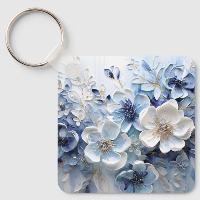 Chaveiro Moderno Botânico Floral Azul Branco Elegante (Frente)