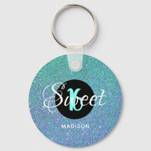 Chaveiro Moderno Sweet 16 Teal Aqua Glitter Personalizado