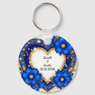 Chaveiro Moldura de Coração Azul e Dourado Elegante