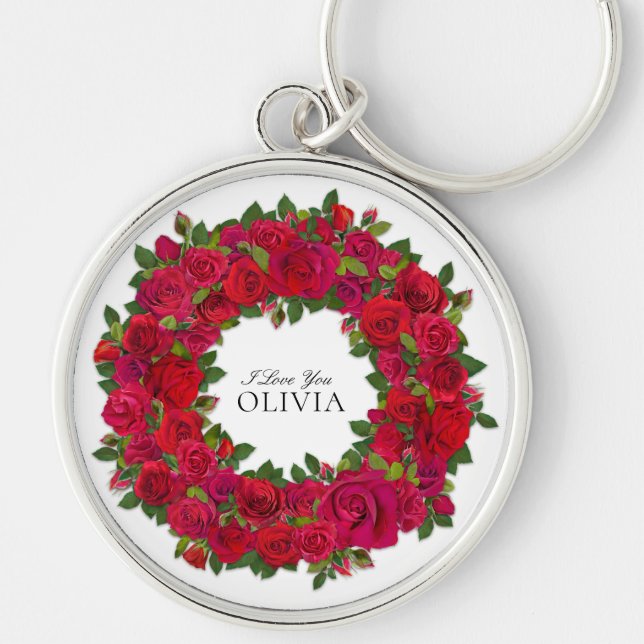 Chaveiro Moldura de Rosa Vermelha com Texto Personalizado (Frente)