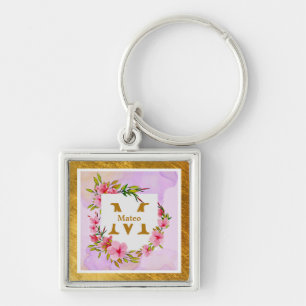 Chaveiro Moldura Dourada de Flor Aquarela   Nome Personaliz