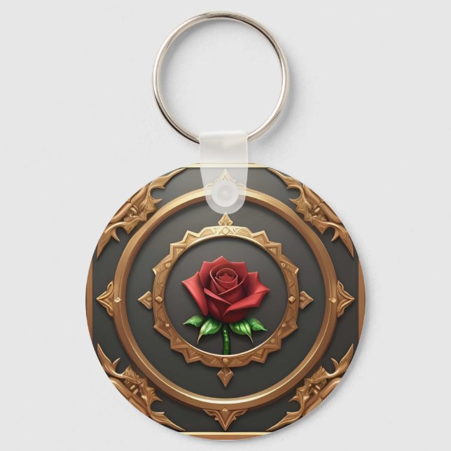 Chaveiro Moldura Dourada Intrincada com Rosa Vermelha (Frente)
