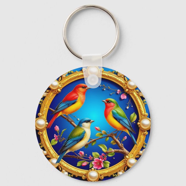 Chaveiro 🕊️ Moldura Dourada Ornamentada Com Pássaros Color (Frente)