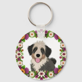 Chaveiro Moldura Floral Colorida com Ilustração de Cachorro