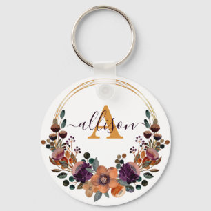 Chaveiro Moldura floral em burgundy e dourado personalizada