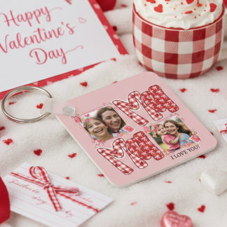 Chaveiro Mom and Child Photo Red Plaid Valentine Hearts