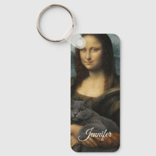 Chaveiro Mona Lisa segurando um gato cinza elegante