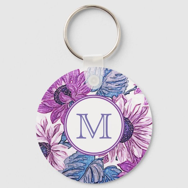 Chaveiro Monogram Purple and Blue Vintage Flower Art (Frente)