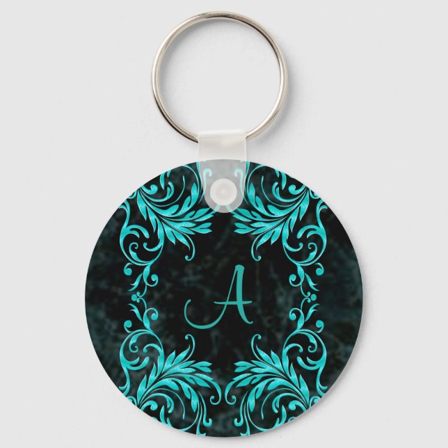 Chaveiro Monograma Aqua Blue Damask (Frente)