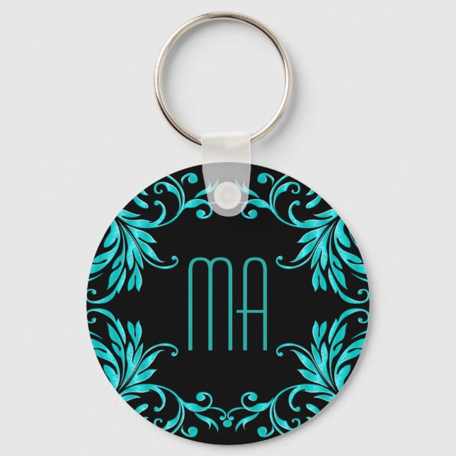Chaveiro Monograma Aqua Blue Damask (Frente)