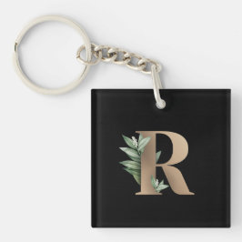 Chaveiro Monograma Botânico Elegante Letra Dourada R