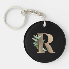 Chaveiro Monograma Botânico Elegante Letra Dourada R