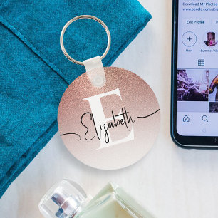 Chaveiro Monograma branco brilhante com Rosa de brilho Dour