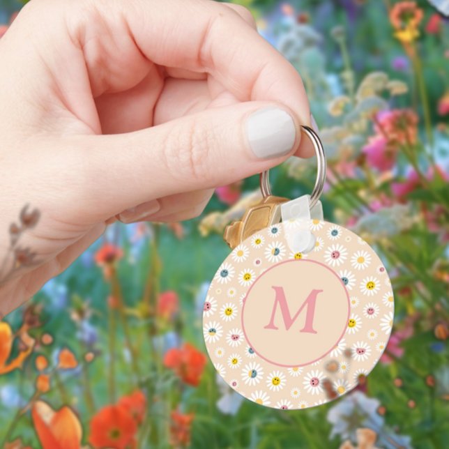 Chaveiro Monograma Colorido Smiling Daisy personalizado (Colourful Monogram Smiling Daisy personalised Keychain)