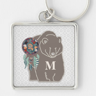 Chaveiro Monograma com Urso no Tema Nativo-Americano Marrom