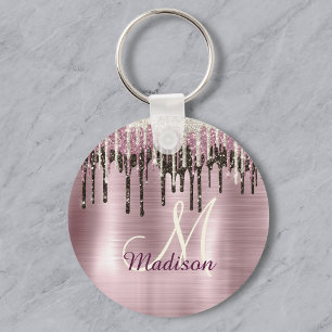 Chaveiro Monograma Cute Rose dourado Marrom Glitter Drips