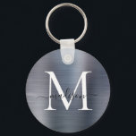 Chaveiro Monograma da Cinza de prata escovada de metal gira<br><div class="desc">Cinza de aço de Chaveiro prateada de aço escovado de metal,  com manuscrito de metal</div>