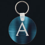Chaveiro Monograma de Aço Inox Falso Azul Moderno<br><div class="desc">Pulseira Moderna e Elegante em Aço Inox Faux Azul. Estas pulseiras podem ser personalizadas para incluir sua inicial e primeiro nome. Estes porta-chaves fazem ótimos presentes de aniversário,  chá de noiva ou despedida de solteira.</div>