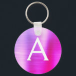 Chaveiro Monograma de Aço Inoxidável, cor-de-rosa e farelo<br><div class="desc">Chaveiro de Elegante Metálico de Aço Inoxidável,  Rosa-Quente e Roxo,  Faux. Esses Chaveiros podem ser personalizados para incluir seu nome e nome inicial. Estas correntes-chave fazem favores de excelente,  chá de panela ou festa de solteira.</div>