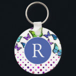 Chaveiro Monograma de Borboletas e Pontos bonito<br><div class="desc">Chaveiro monograma com borboletas bonito e pontos design em azul,  verde e roxo.</div>