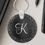 Chaveiro Monograma de brilho preto personalizado<br><div class="desc">Personalize facilmente essa moda elegante design de chaveiro com brilho cinza preto bonito em um fundo metálico escovado preto.</div>