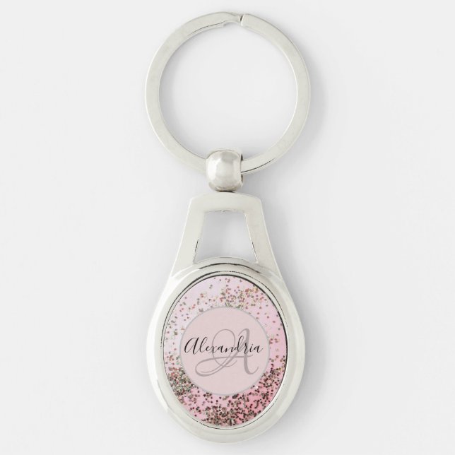 Chaveiro Monograma de Champagne Rosa Confetti Personalizado (Frente)