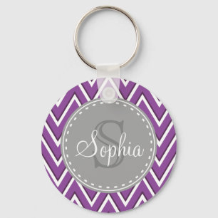 Chaveiro Monograma de Cinza de padrão Chevron Roxo Trendy