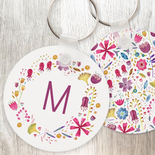 Chaveiro Monograma de Flor Moderna com Aquarela (Modern monogram initial personalized watercolor wildflower floral key ring)