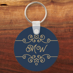 Chaveiro Monograma de Floreio Elegante Azul-Elegante Dourad