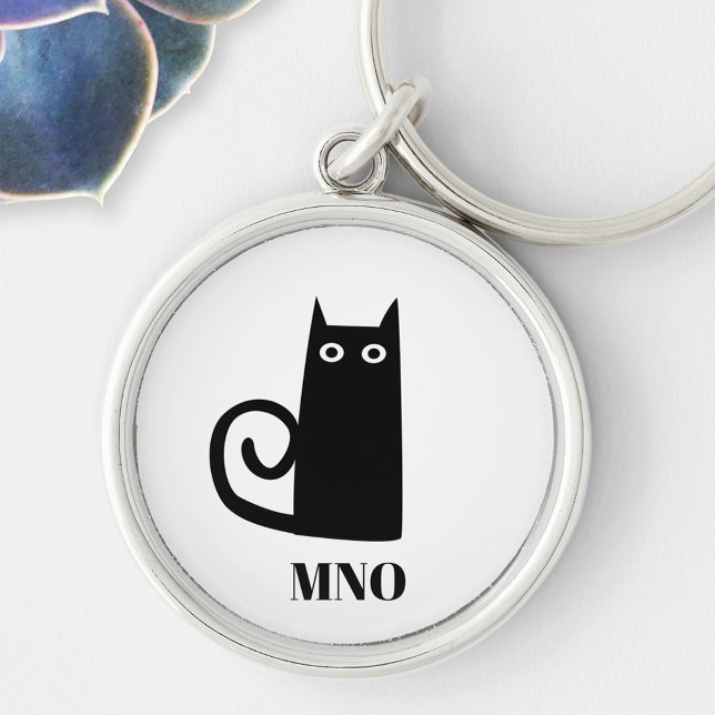 Chaveiro Monograma de Gato Negro Engraçado (Fun black cat monogram personalize metal key ring)