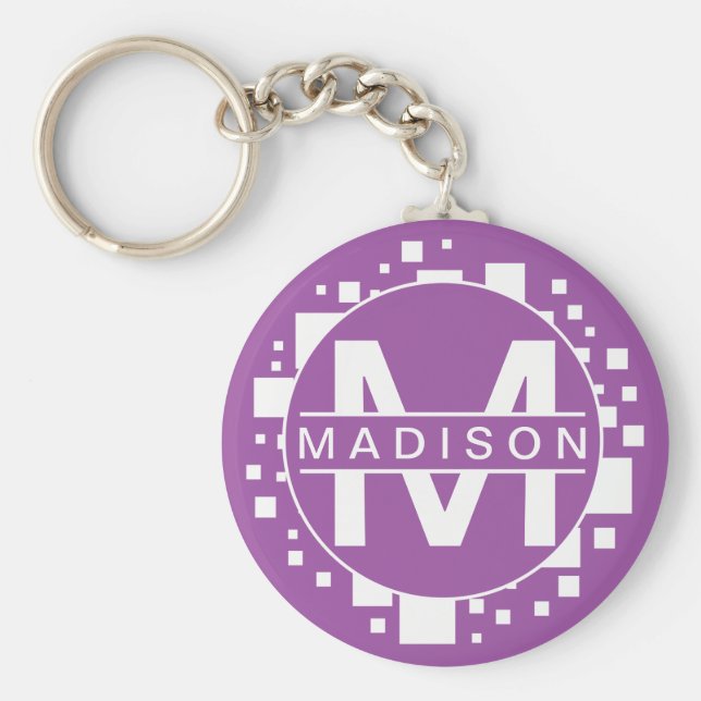 Chaveiro Monograma de Iniciais Púrpuros Brancos de Arte Cír (Frente)