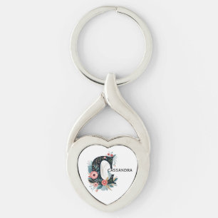 Chaveiro Monograma de Letra Floral Botânica C Personalizáve