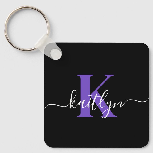 Chaveiro Monograma de Letra Maiúscula em Script Roxo Preto  (Frente)
