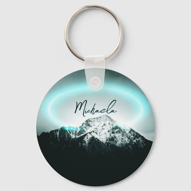 Chaveiro Monograma de luz neon azul misterioso da montanha  (Frente)