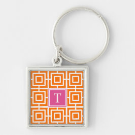 Chaveiro Monograma de Malha Quadrada Preppy Laranja e Rosa 