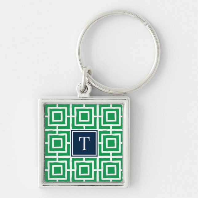 Chaveiro Monograma de Malha Quadrada Preppy - Verde e Azul  (Frente)