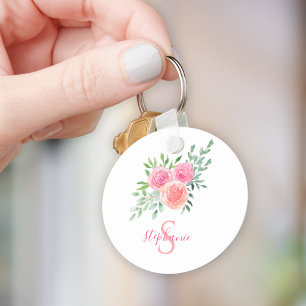 Chaveiro Monograma de Nome Aquarela Floral Rosa