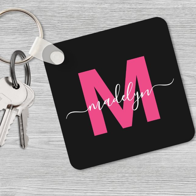 Chaveiro Monograma de Nome com Letra de Forma Preta Rosa Vi (Hot Pink Black Script Name Monogram keychain)