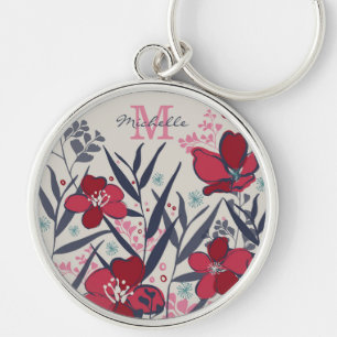 Chaveiro Monograma de Nome Floral Vermelho e Rosa