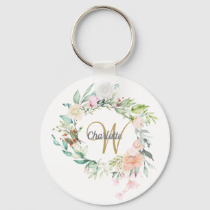 Chaveiro Monograma de Rosas Florais em Script Dourado