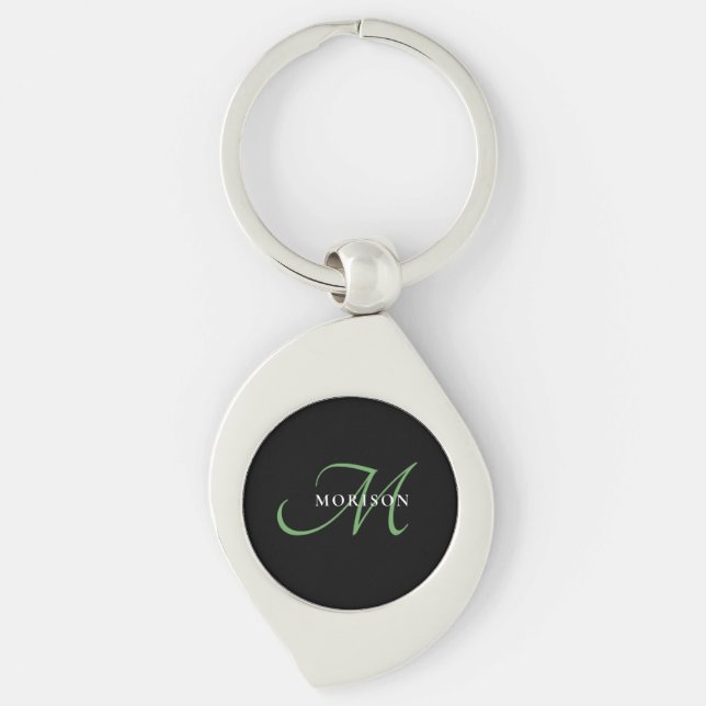 Chaveiro Monograma de Script Verde Preto Moderno Elegante (Frente)