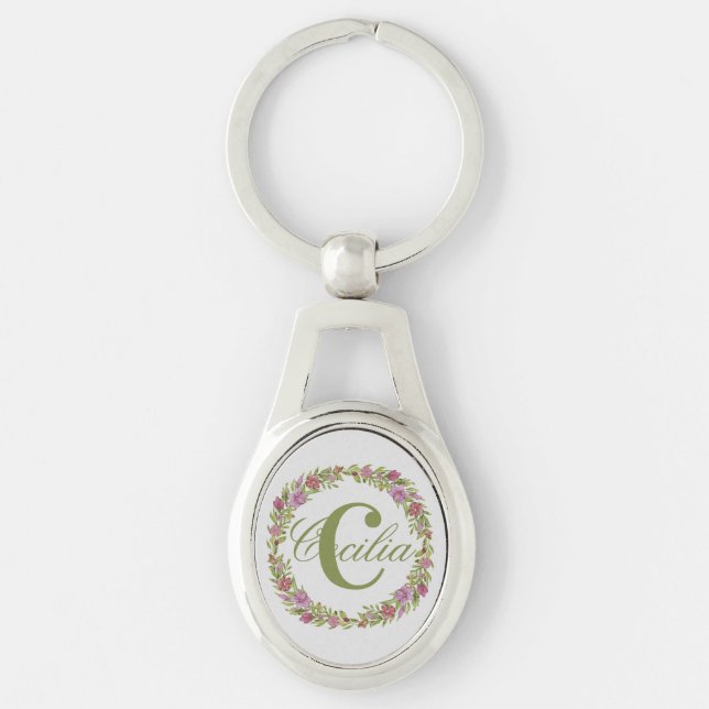 Chaveiro Monograma de Sobrenome Floral Personalizado (Frente)