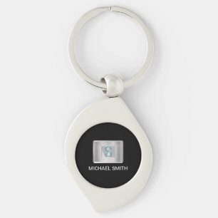 Chaveiro Monograma de Teal e Cinza, Prata com Nome Branco,