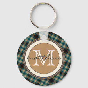 Chaveiro Monograma de Xadrez Castanho Azul