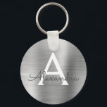 Chaveiro Monograma do Luxury Silver Faux Stainless Steel<br><div class="desc">Chaveiro de Elegante Metálico de Aço Inoxidável de Silver de Luxo. Esses Chaveiros podem ser personalizados para incluir seu nome e nome inicial. Estas correntes-chave fazem favores de excelente,  chá de panela ou festa de solteira.</div>